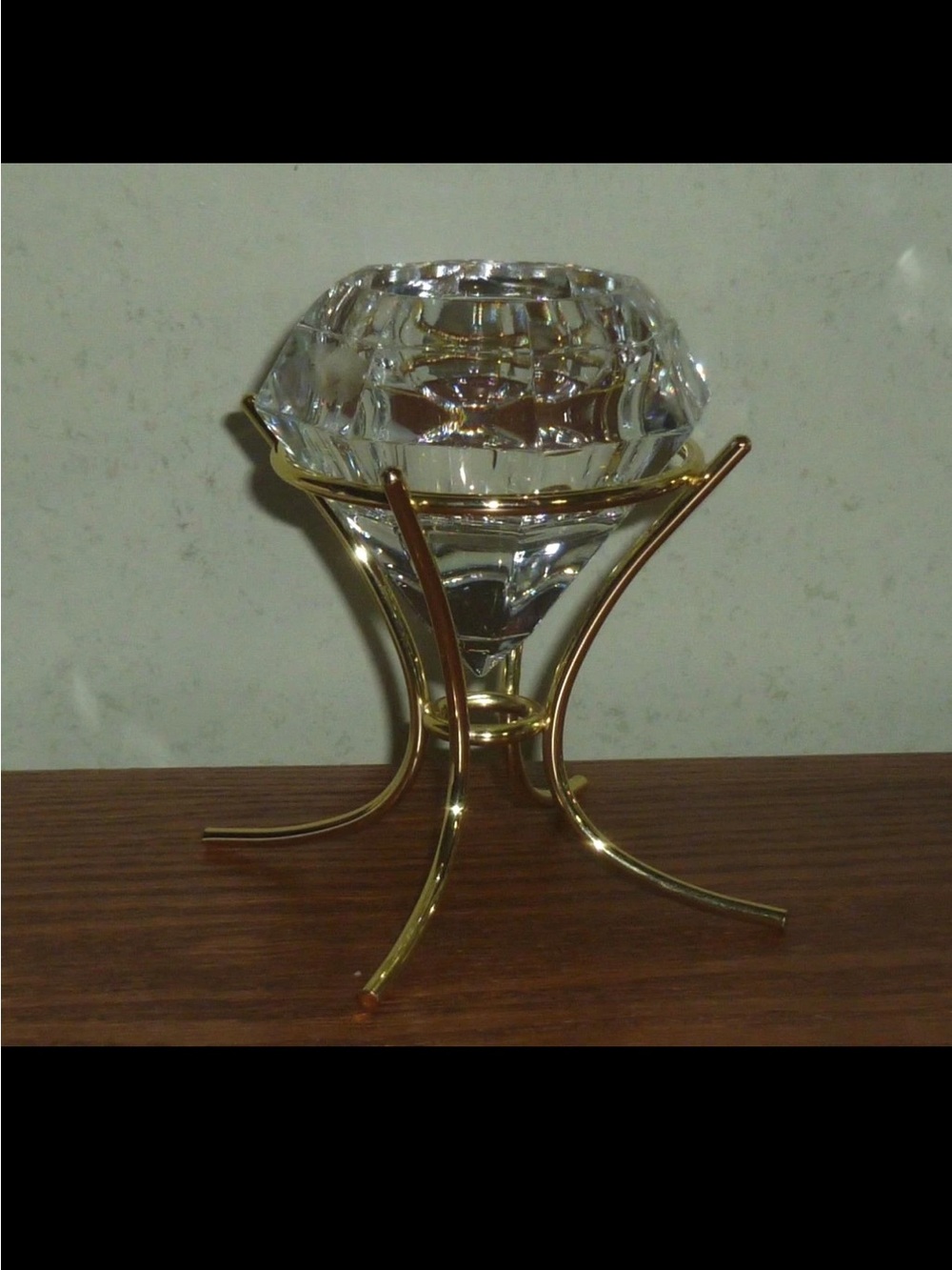 Vintage Crystal Diamond shaped votive on Gold Metal Stand by Party lite.